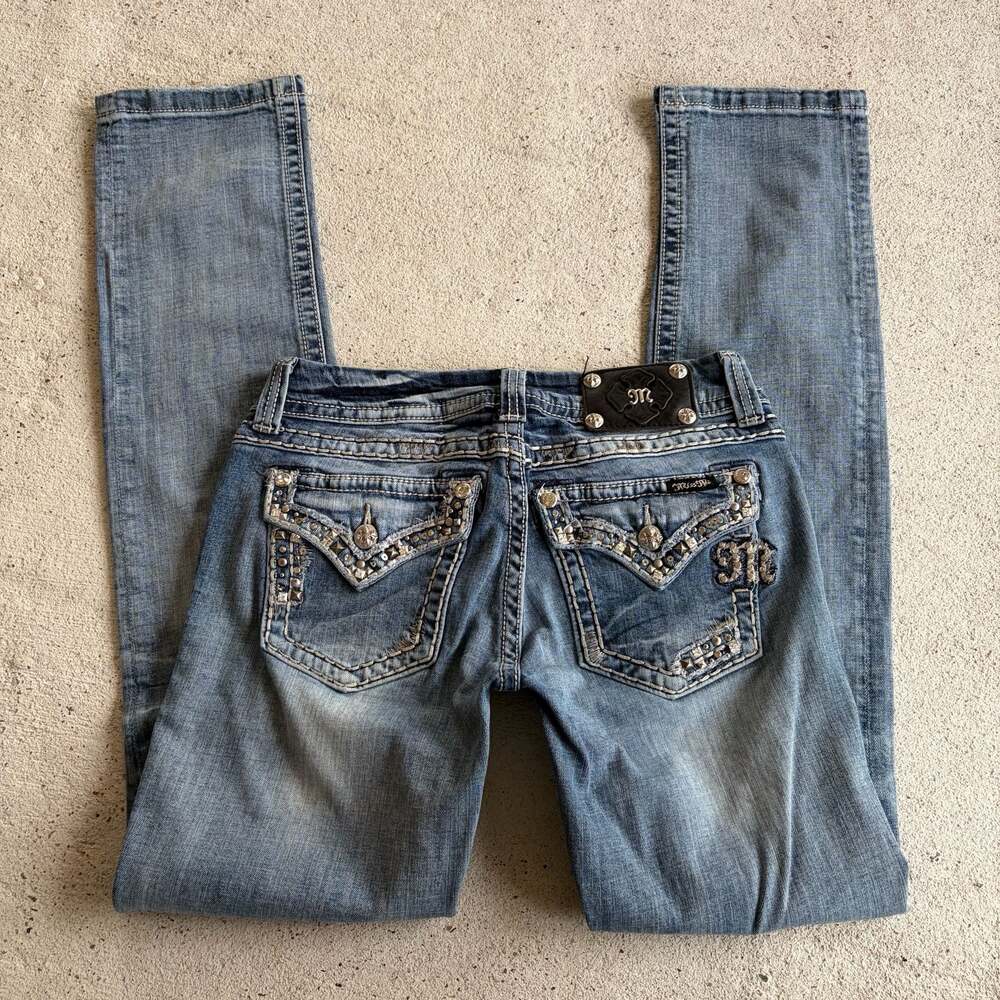 Miss Me Low Rise Straight Jeans Embellished Flap Pocket Size 29